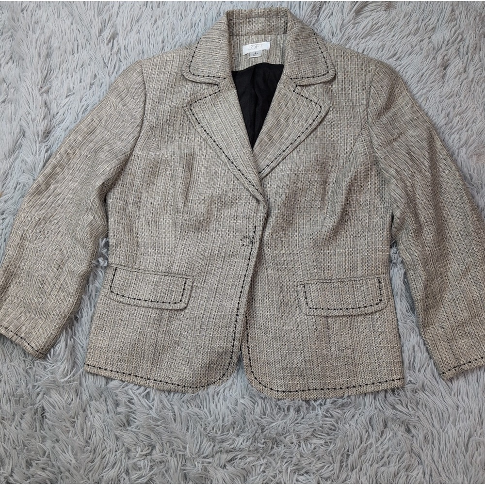 Ann Taylor Loft Jacket Womens 6 Beige Linen Blazer Preppy Faux Pockets